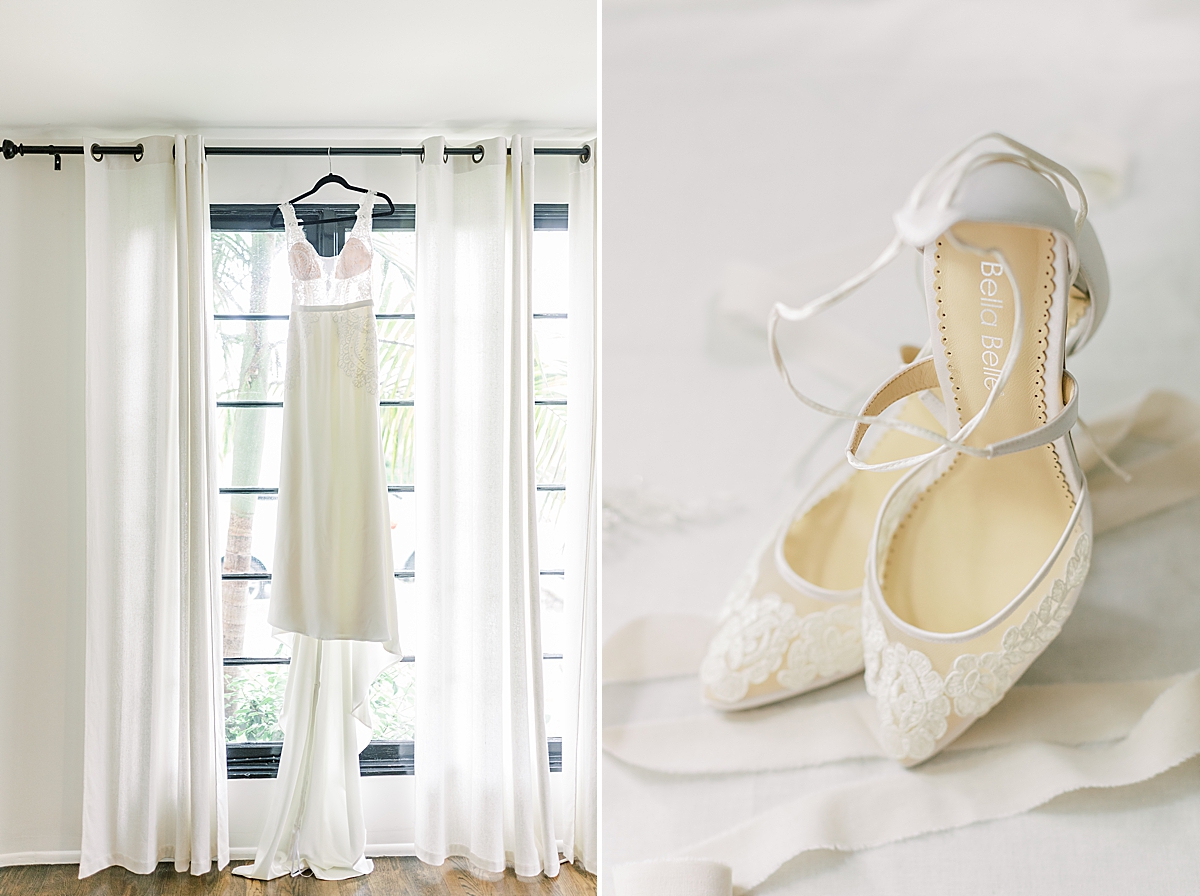 The bride's wedding dress and Bella Belle shoes for her Villa & Vine Wedding day
