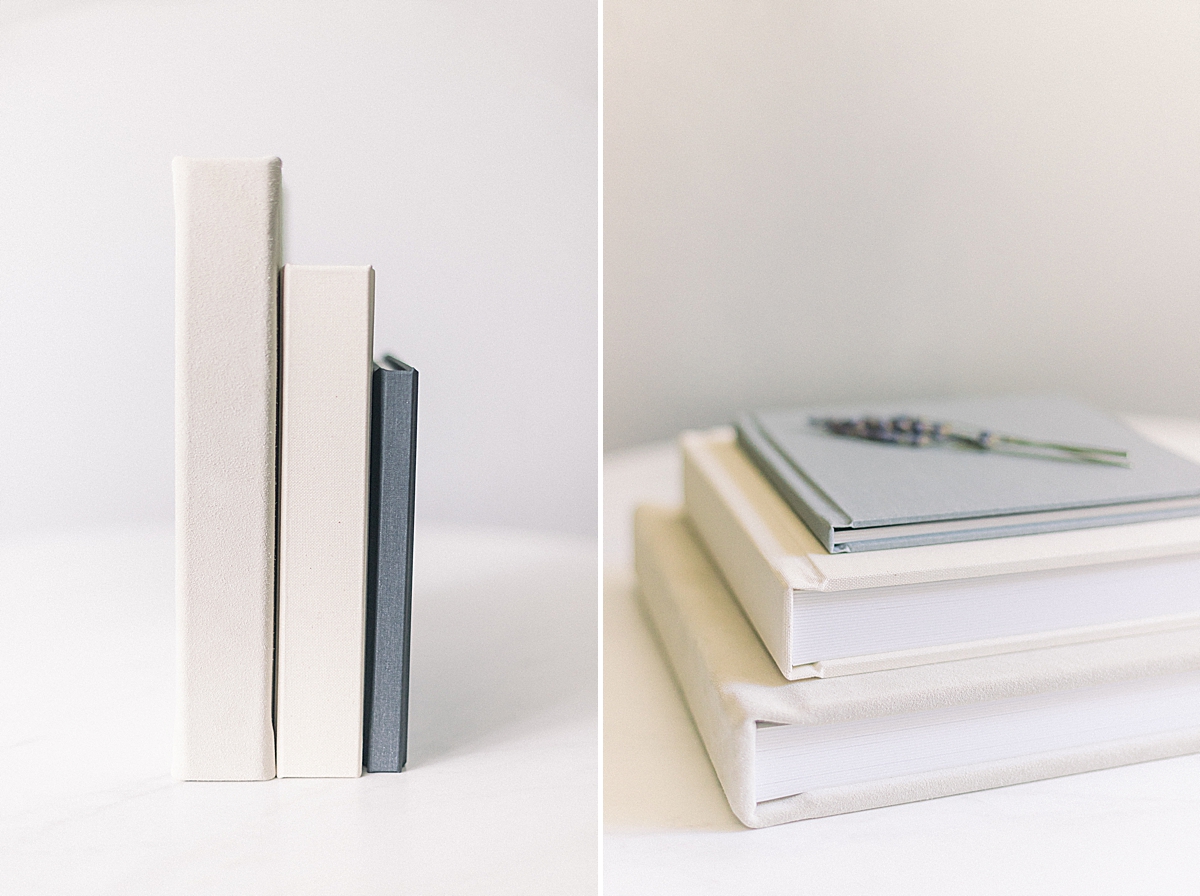 Three albums stacked on their spines next to each other to show size differences. A second image of three wedding albums with a strand of lavender on the top book.