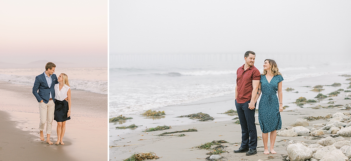 Sunsets on the beach with cotton candied skies and a second image of a foggy day at the beach.