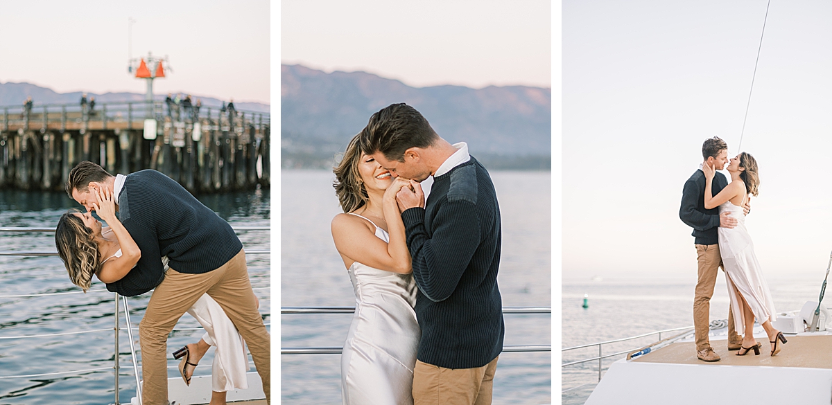 A couple on a sunset sailboat cruise to celebrate their proposal